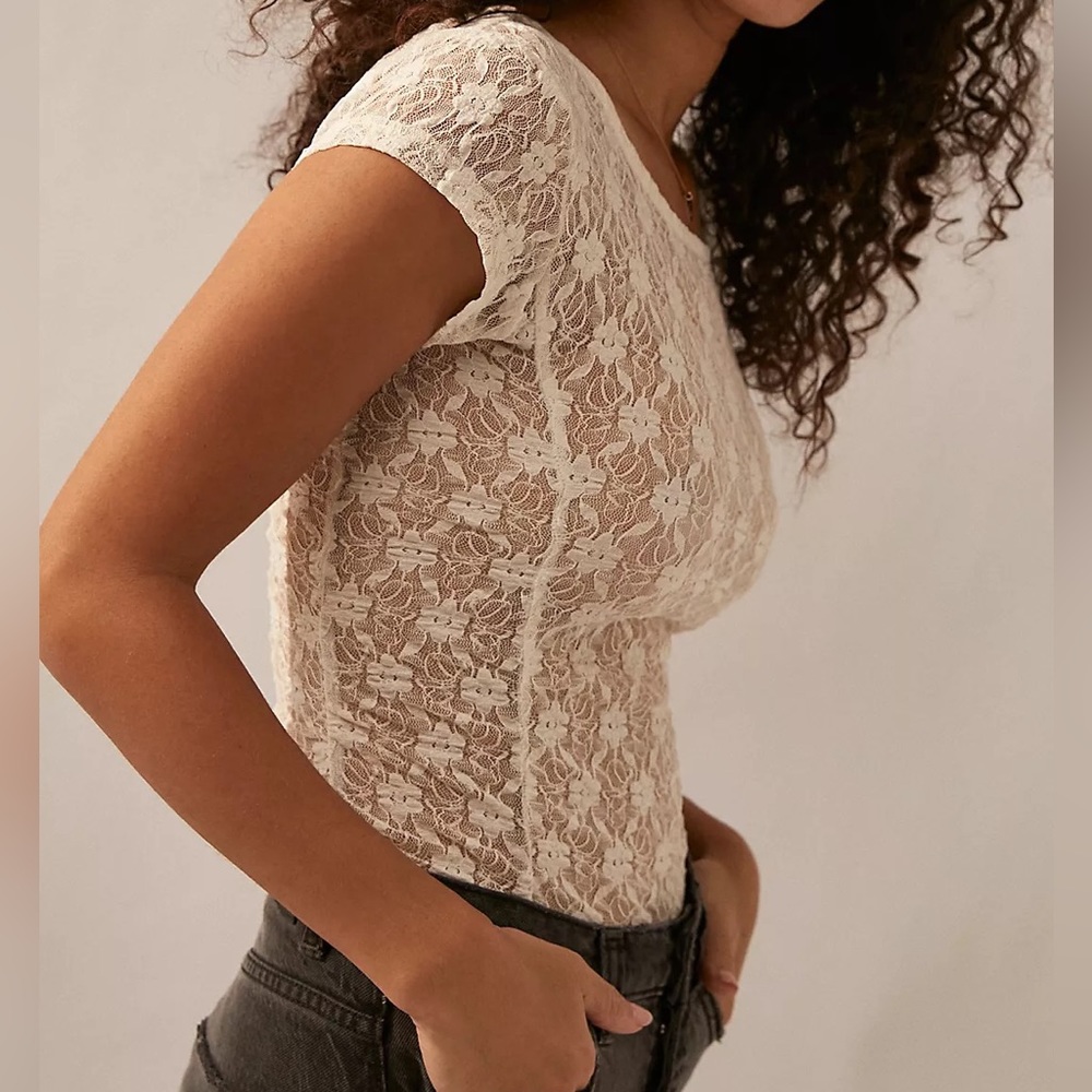 NEW Free People Keep it Simple Lace Tee XS Cream